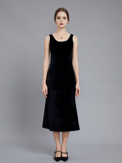 Black Velvet Round Neck Dress