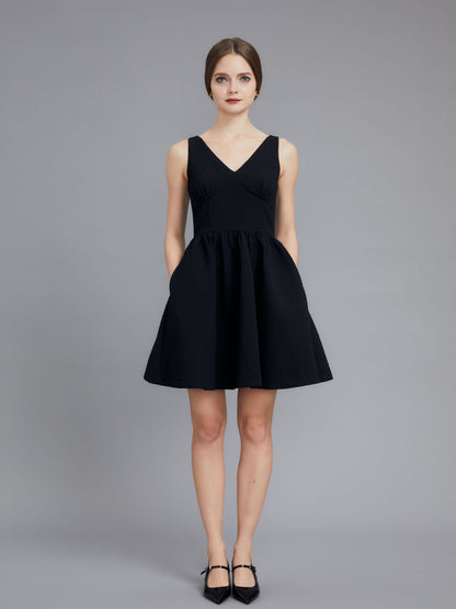 Cotton linen v-neck little black dress