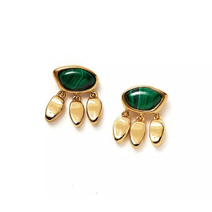 Lava Malachite Small Gold Leaf Earrings